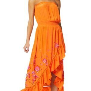 Ramy Brook Strapless Ruffle Midi Length Dress, Candy Orange